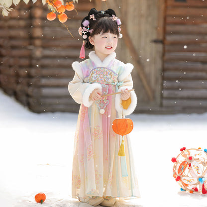 Tang Dynasty Girl Velvet Ruqun Huatianhaitang 花田海棠 Children's Chinese Traditional Clothing Hanfu Suit