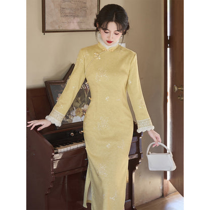 Women's Qipao Xiangling 香铃 Asian Thicken Dress Chinese Modern Hanfu Clothing Velvet Cheongsam Winter