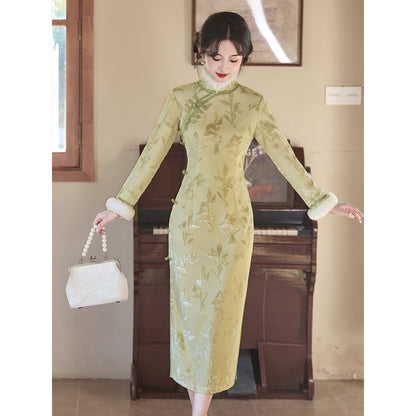 Women's Qipao Shuangbian 双边 Asian Thicken Dress Chinese Modern Hanfu Clothing Velvet Cheongsam Winter
