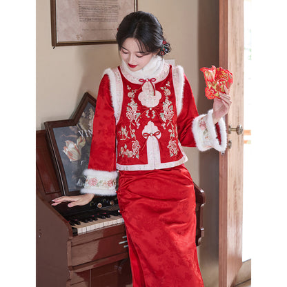 Women's Qipao Xinianle 喜年乐 Asian Dress Chinese Thicken Modern Hanfu Clothing Velvet Cheongsam Winter Autumn