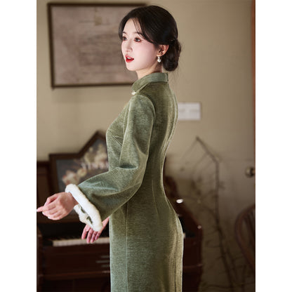 Women's Qipao Songxiang 松香 Asian Dress Chinese Thicken Modern Hanfu Clothing Velvet Cheongsam