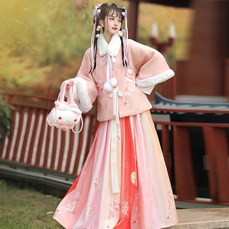 Ming Dynasty Clothing Huayu 花语 Women's Chinese Traditional Thicken Velvet Hanfu Autumn Winter