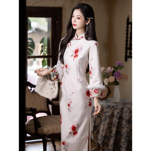 Women's Qipao Wenyu 温玉 Asian Thicken Dress Chinese Modern Hanfu Clothing Velvet Cheongsam Winter