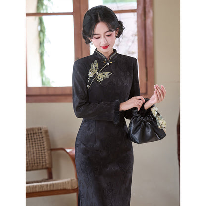 Women's Qipao Jindiexiu 金蝶绣 Asian Dress Chinese Thicken Modern Hanfu Clothing Velvet Cheongsam