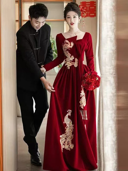 Chinese Wedding Clothes Xiafeng 霞凤 Women's Modern Gown Tea Ceremony Dress Hanfu