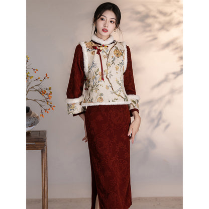 Women's Qipao Wenguiqi 问归期 Asian Thicken Dress Chinese Modern Hanfu Clothing Velvet Cheongsam Winter
