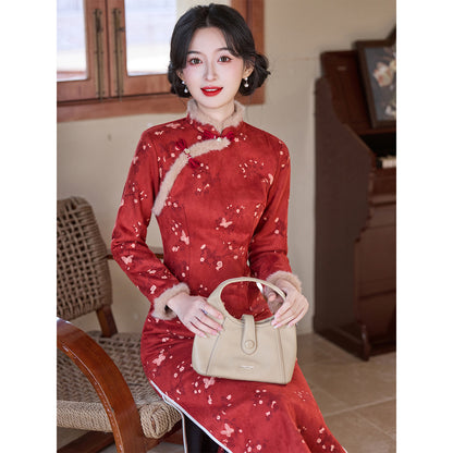 Women's Qipao Meiyue 梅约 Asian Dress Chinese Thicken Modern Hanfu Clothing Velvet Cheongsam
