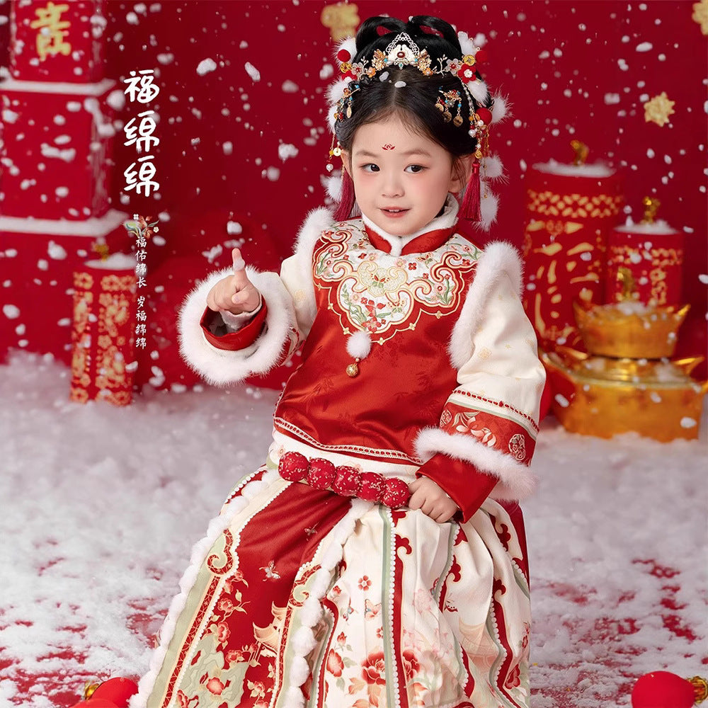 Children's Traditional Clothing Fumianmian 福绵绵 Chinese Lunar New Year Velvet Hanfu Suit