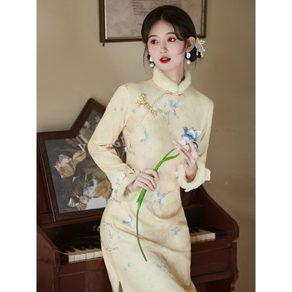 Women's Qipao Dielianhua 蝶恋花 Asian Thicken Dress Chinese Modern Hanfu Clothing Velvet Cheongsam Winter