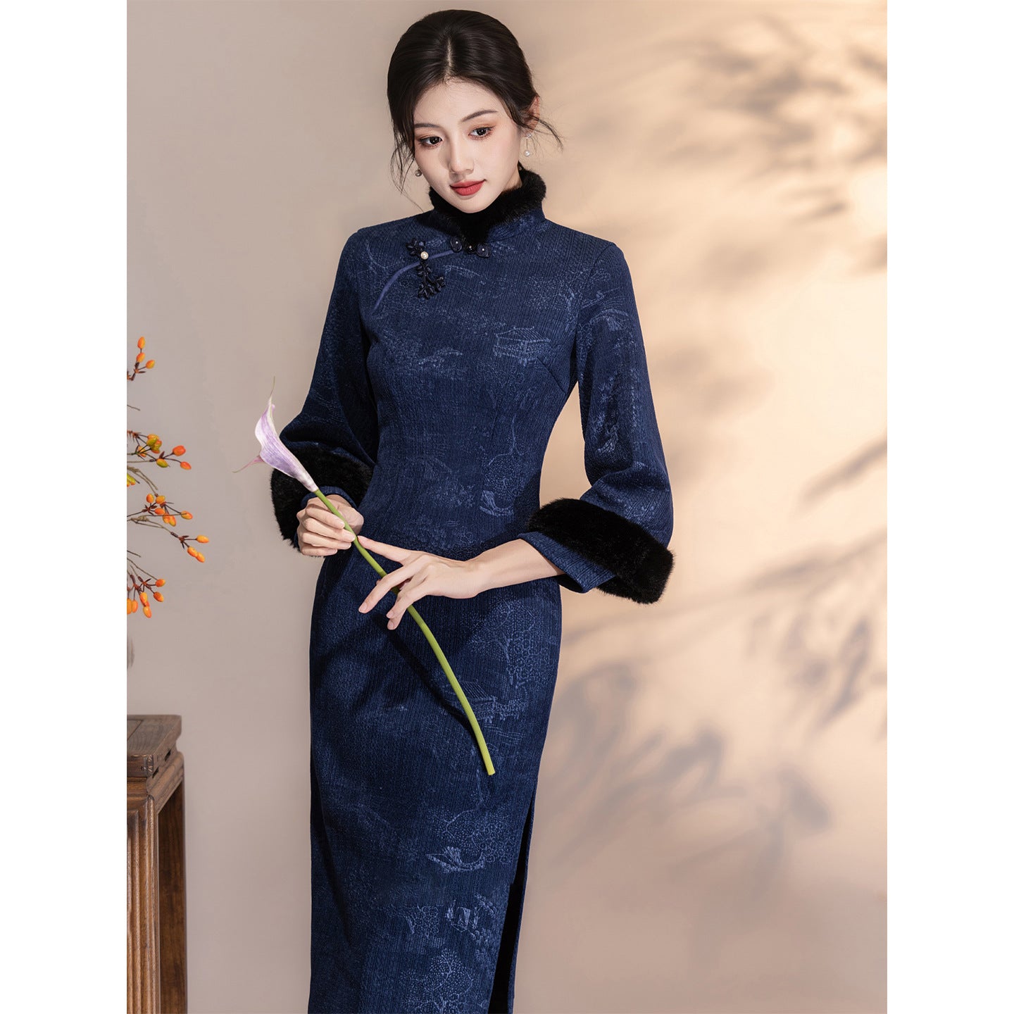 Women's Qipao Tingtai 亭台 Asian Thicken Dress Chinese Modern Hanfu Clothing Velvet Cheongsam Winter