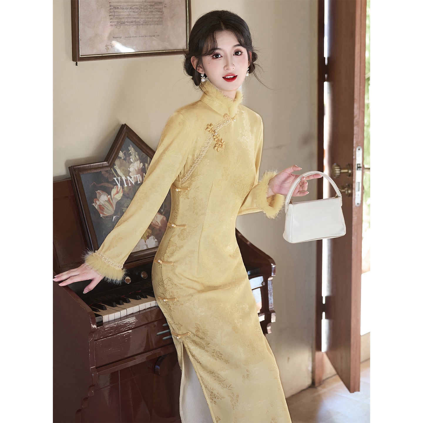 Women's Qipao Heshangting 荷上蜓 Asian Thicken Dress Chinese Modern Hanfu Clothing Velvet Cheongsam Winter