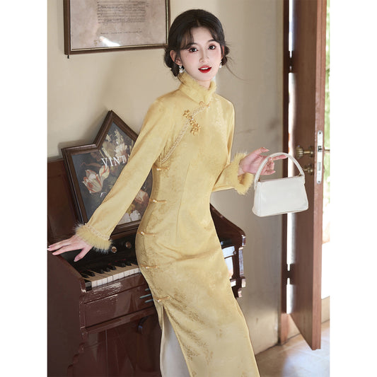 Women's Qipao Heshangting 荷上蜓 Asian Thicken Dress Chinese Modern Hanfu Clothing Velvet Cheongsam Winter