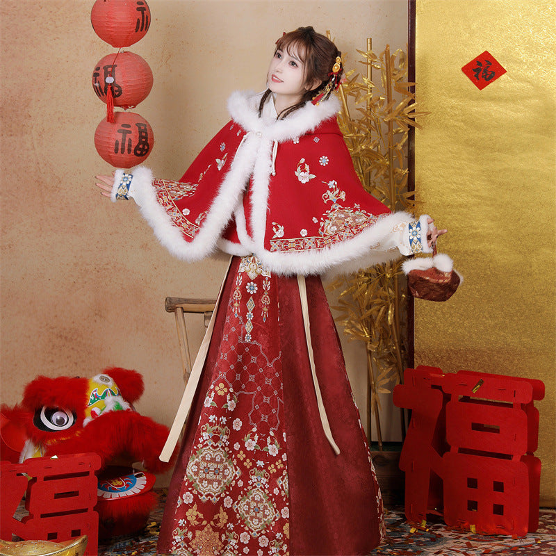 Chinese Lunar New Year Clothing Xiranchunshao禧染春梢 Women's  Traditional Thicken Velvet Hanfu Autumn Winter