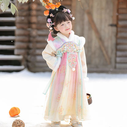 Tang Dynasty Girl Velvet Ruqun Huatianhaitang 花田海棠 Children's Chinese Traditional Clothing Hanfu Suit