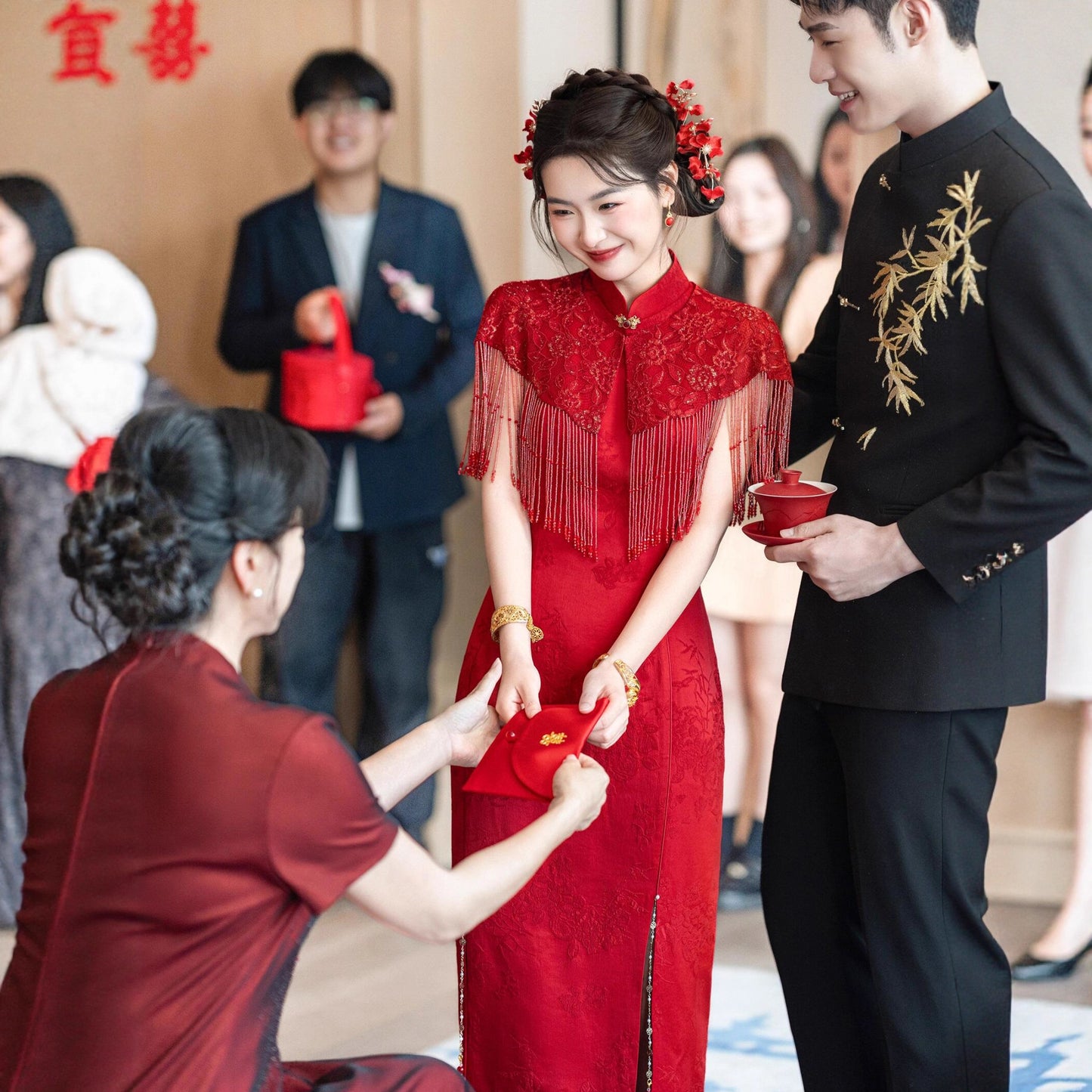 Wedding Qipao Chinese Clothes Hongzhu 红竹 Women's Modern Gown Tea Ceremony Dress Hanfu Cheongsam