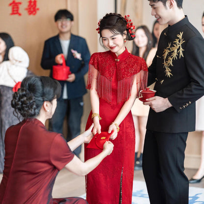 Wedding Qipao Chinese Clothes Hongzhu 红竹 Women's Modern Gown Tea Ceremony Dress Hanfu Cheongsam