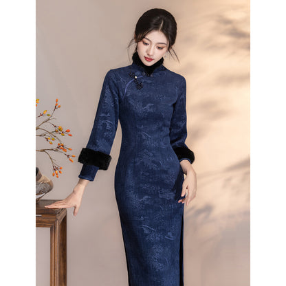 Women's Qipao Tingtai 亭台 Asian Thicken Dress Chinese Modern Hanfu Clothing Velvet Cheongsam Winter