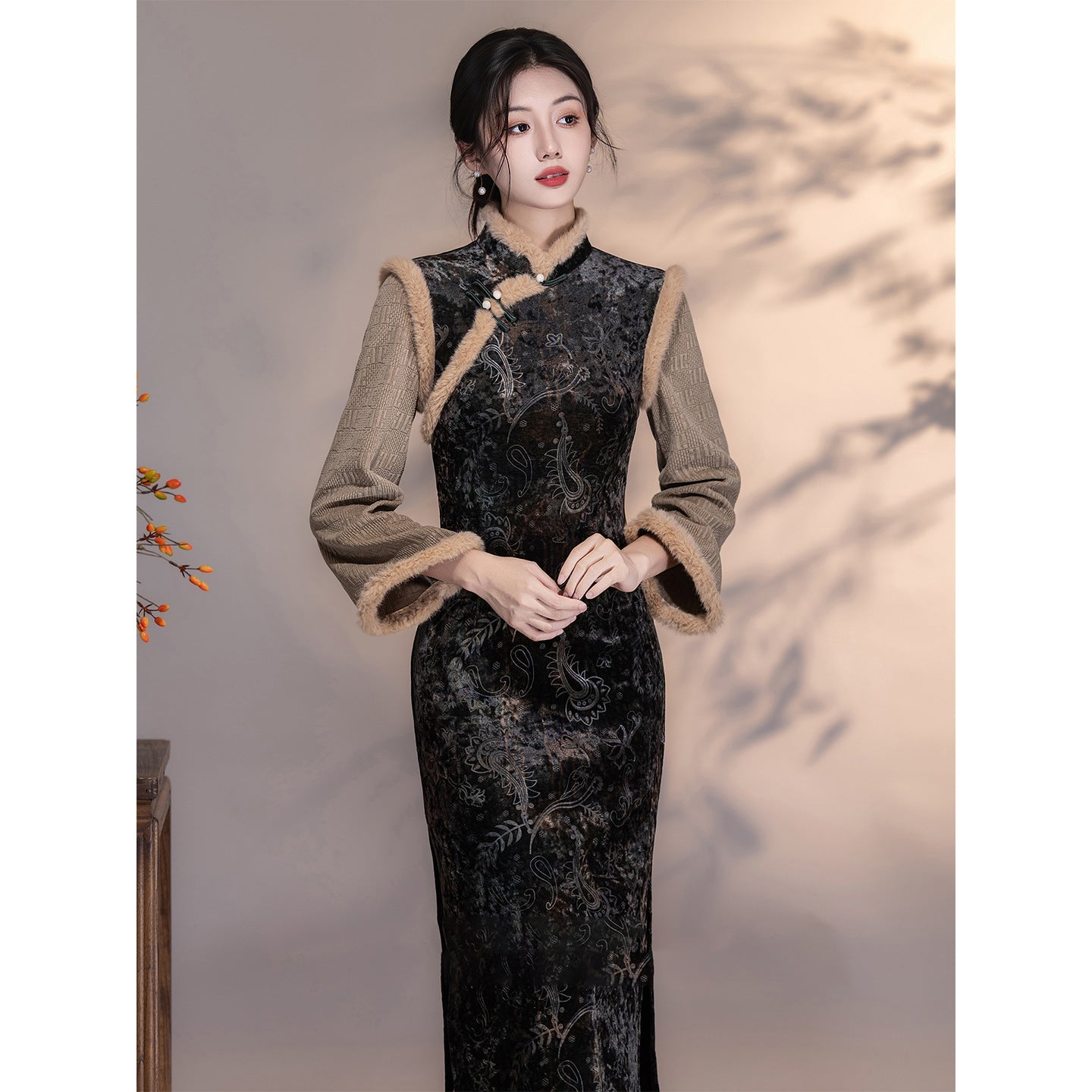 Women's Qipao Guitianle 归田乐 Asian Thicken Dress Chinese Modern Hanfu Clothing Velvet Cheongsam Winter