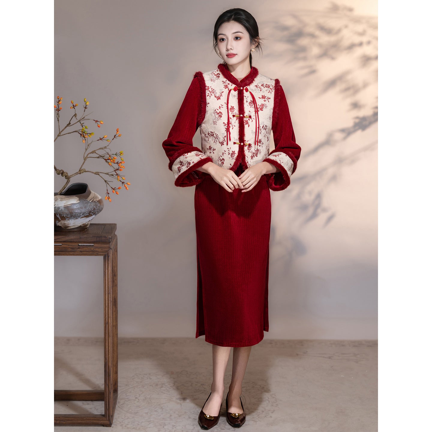 Women's Qipao Wangyue 望月 Asian Thicken Dress Chinese Modern Hanfu Clothing Velvet Cheongsam Winter