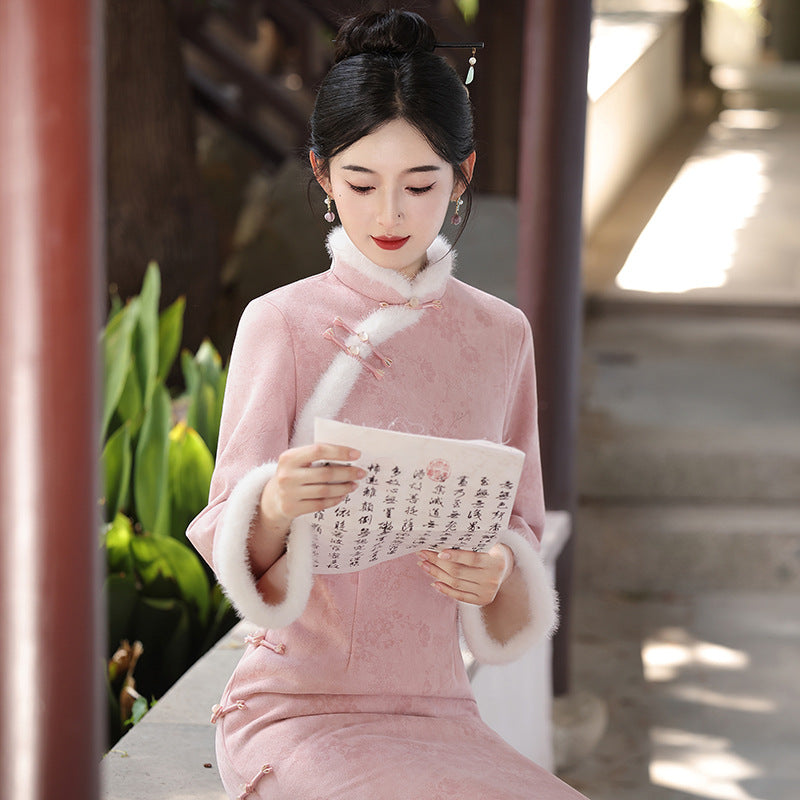 Women's Qipao Dongnuan 冬暖 Asian Thicken Dress Chinese Modern Hanfu Clothing Velvet Cheongsam Winter