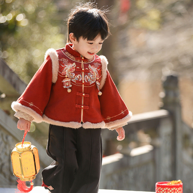 Children's Traditional boy's Clothing Duofu 多福 Chinese Kid's Lunar New Year Velvet Hanfu Suit
