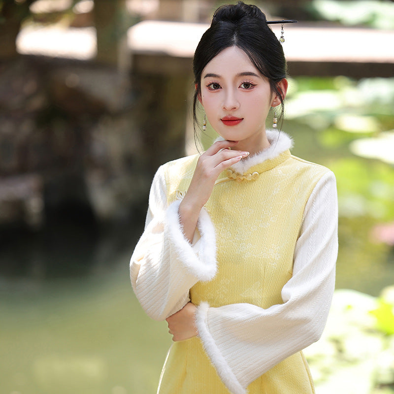 Women's Qipao Dongyun 冬韵 Asian Thicken Dress Chinese Modern Hanfu Clothing Velvet Cheongsam Winter