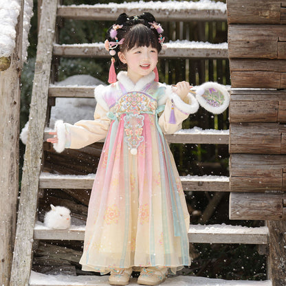 Tang Dynasty Girl Velvet Ruqun Huatianhaitang 花田海棠 Children's Chinese Traditional Clothing Hanfu Suit