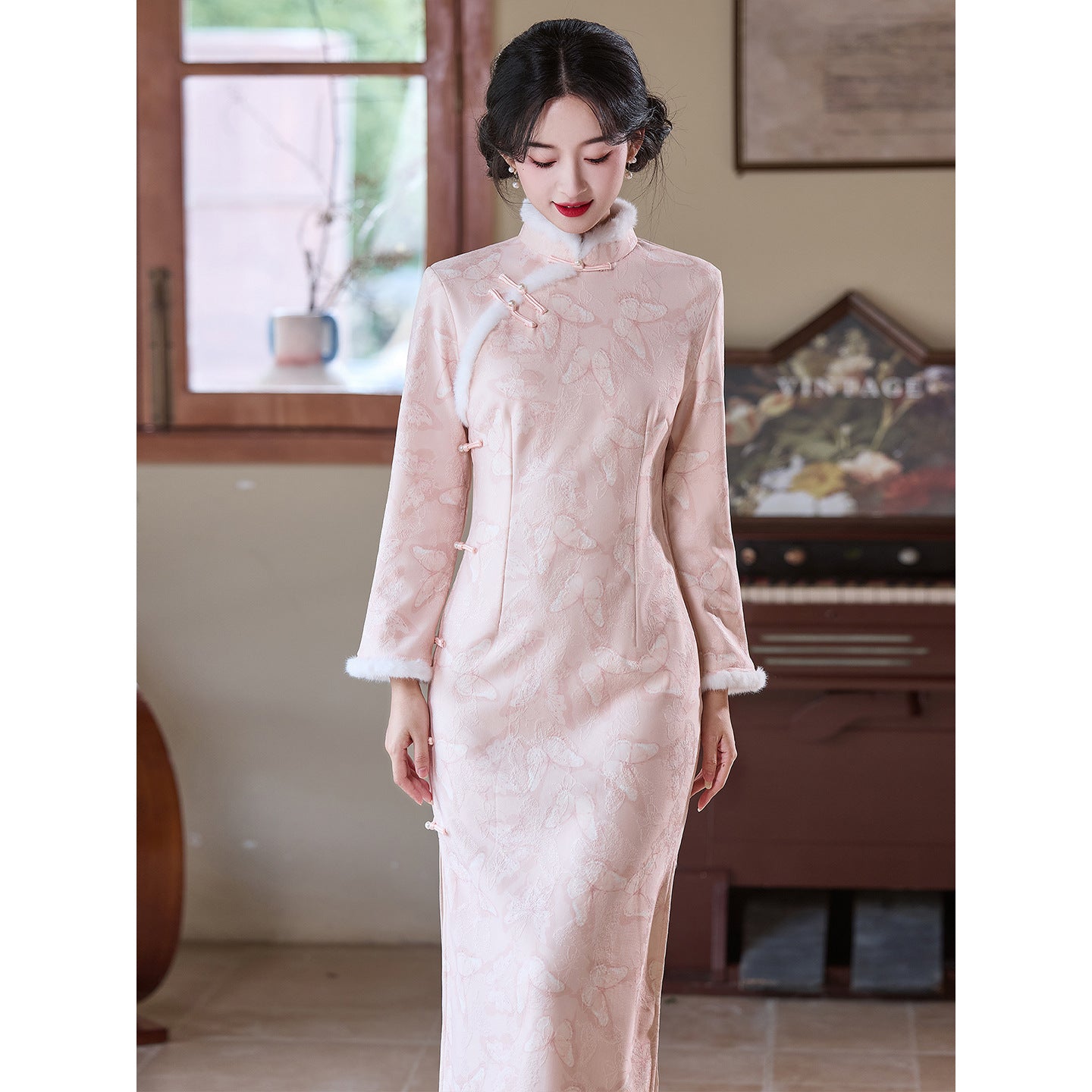 Women's Qipao Fendie 粉蝶 Asian Thicken Dress Chinese Modern Hanfu Clothing Velvet Cheongsam Winter