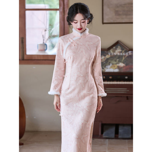 Women's Qipao Fendie 粉蝶 Asian Thicken Dress Chinese Modern Hanfu Clothing Velvet Cheongsam Winter