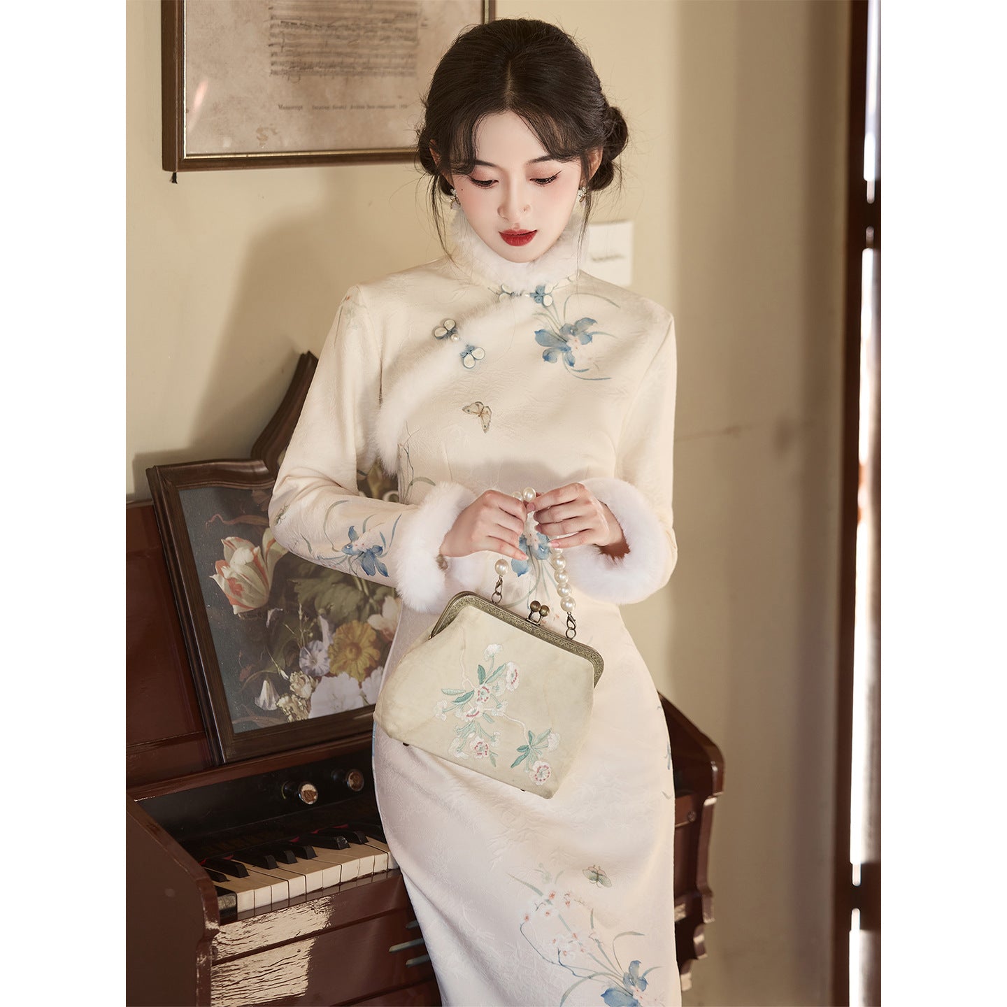 Women's Qipao Landiexue 蓝蝶雪 Asian Thicken Dress Chinese Modern Hanfu Clothing Velvet Cheongsam Winter