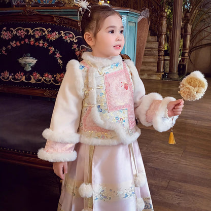 Ming Dynasty Girl's Mamian Skirt Fenfeng 粉蜂 Children's Chinese Velvet Traditional Clothing Hanfu Suit