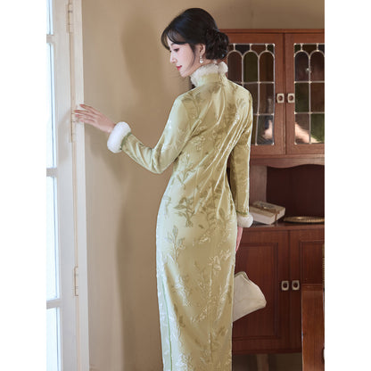 Women's Qipao Shuangbian 双边 Asian Thicken Dress Chinese Modern Hanfu Clothing Velvet Cheongsam Winter