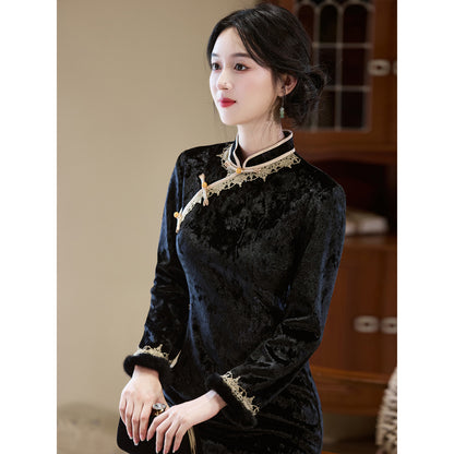 Women's Qipao Jintang 今棠 Asian Thicken Dress Chinese Modern Hanfu Clothing Velvet Cheongsam Winter