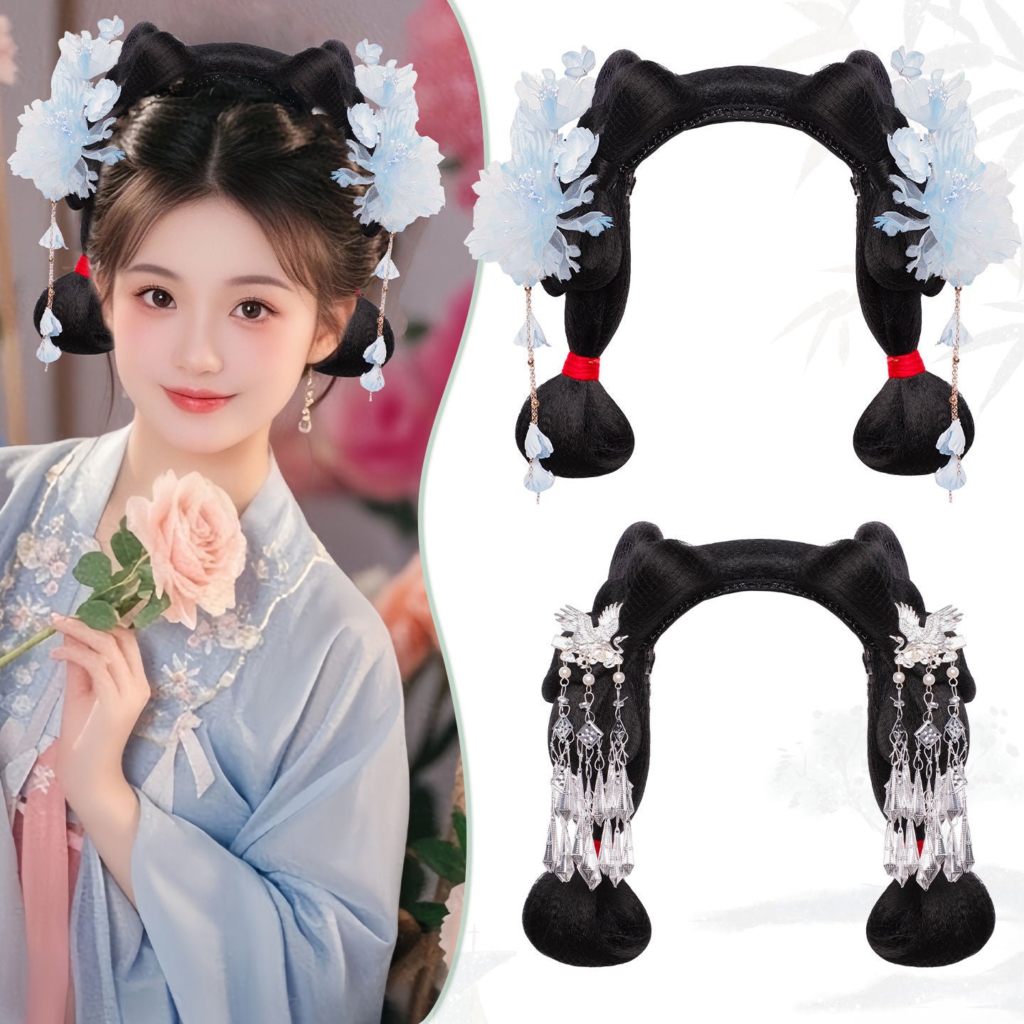 Traditional Chinese Hairstyle Wig Zanghua 葬花 Hanfu Historical Royal Hairpieces