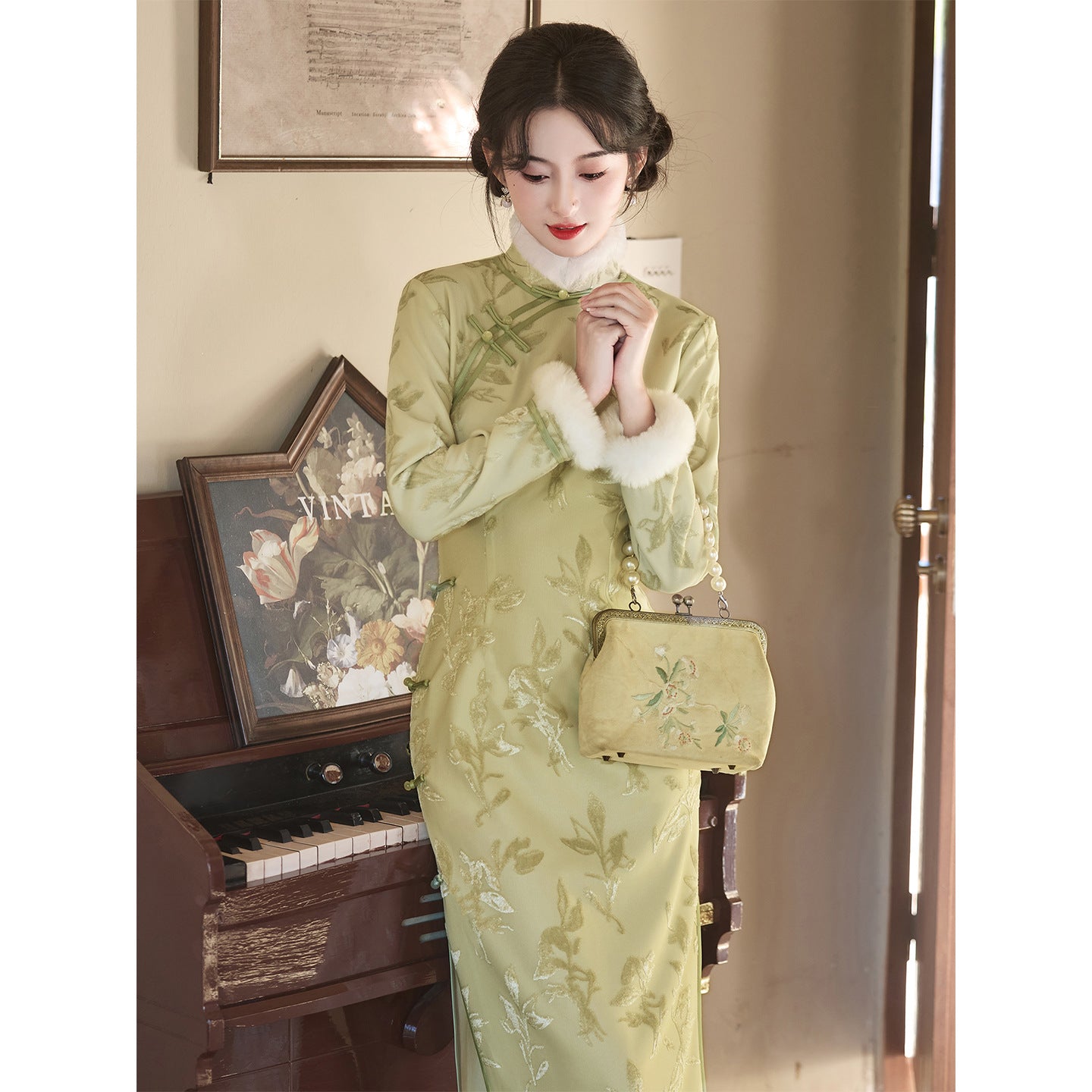 Women's Qipao Shuangbian 双边 Asian Thicken Dress Chinese Modern Hanfu Clothing Velvet Cheongsam Winter