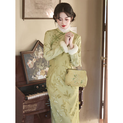 Women's Qipao Shuangbian 双边 Asian Thicken Dress Chinese Modern Hanfu Clothing Velvet Cheongsam Winter