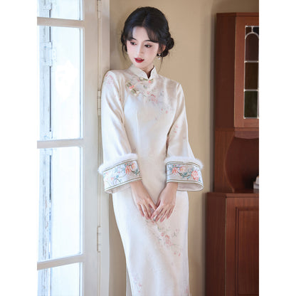 Women's Qipao Chunyingxue 春樱雪 Asian Thicken Dress Chinese Modern Hanfu Clothing Velvet Cheongsam Winter