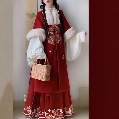 Ming Dynasty Clothing Niannianyouyu 年年有鱼 Women's Chinese Traditional Thicken Velvet Lunar New Year Hanfu Autumn Winter