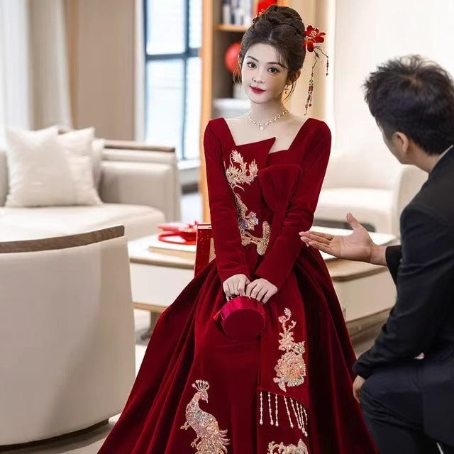 Chinese Wedding Clothes Xiafeng 霞凤 Women's Modern Gown Tea Ceremony Dress Hanfu