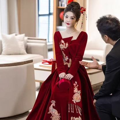 Chinese Wedding Clothes Xiafeng 霞凤 Women's Modern Gown Tea Ceremony Dress Hanfu