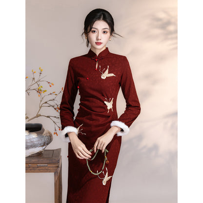 Women's Qipao Suiye 岁月 Asian Thicken Dress Chinese Modern Hanfu Clothing Velvet Cheongsam Winter