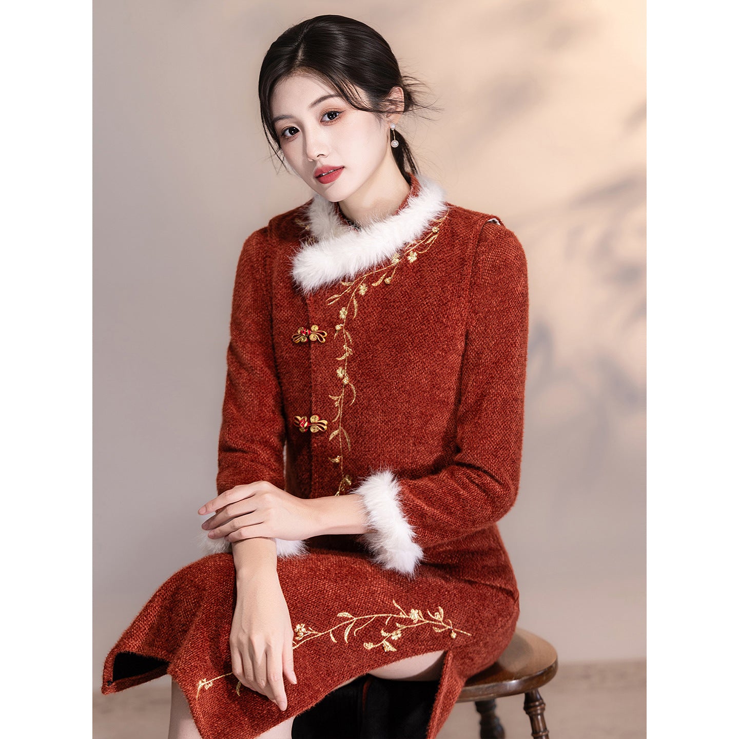 Women's Qipao Fengyin 风吟 Asian Thicken Dress Chinese Modern Hanfu Clothing Velvet Cheongsam Winter