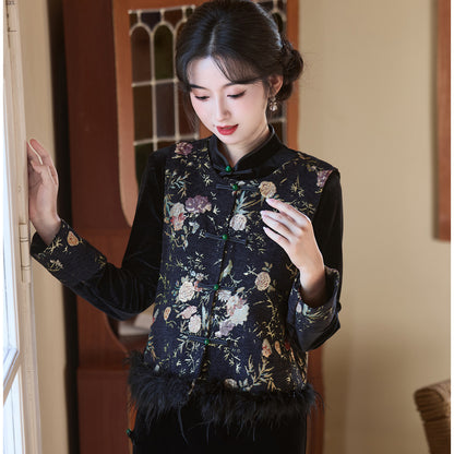 Women's Qipao Mobi 墨笔 Asian Thicken Dress Chinese Modern Hanfu Clothing Velvet Cheongsam Winter