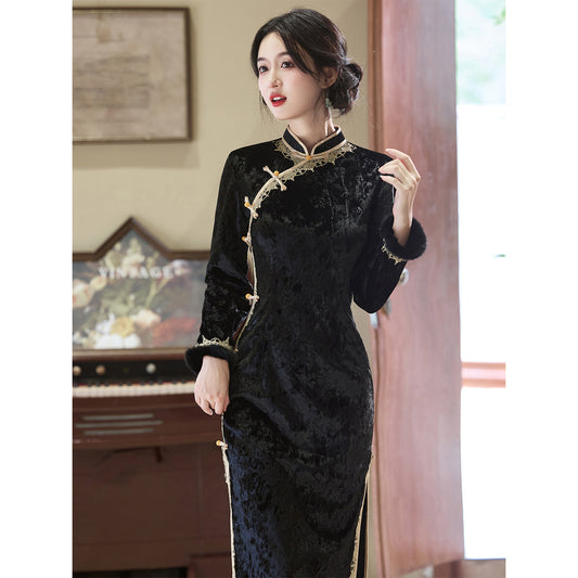 Women's Qipao Jintang 今棠 Asian Thicken Dress Chinese Modern Hanfu Clothing Velvet Cheongsam Winter