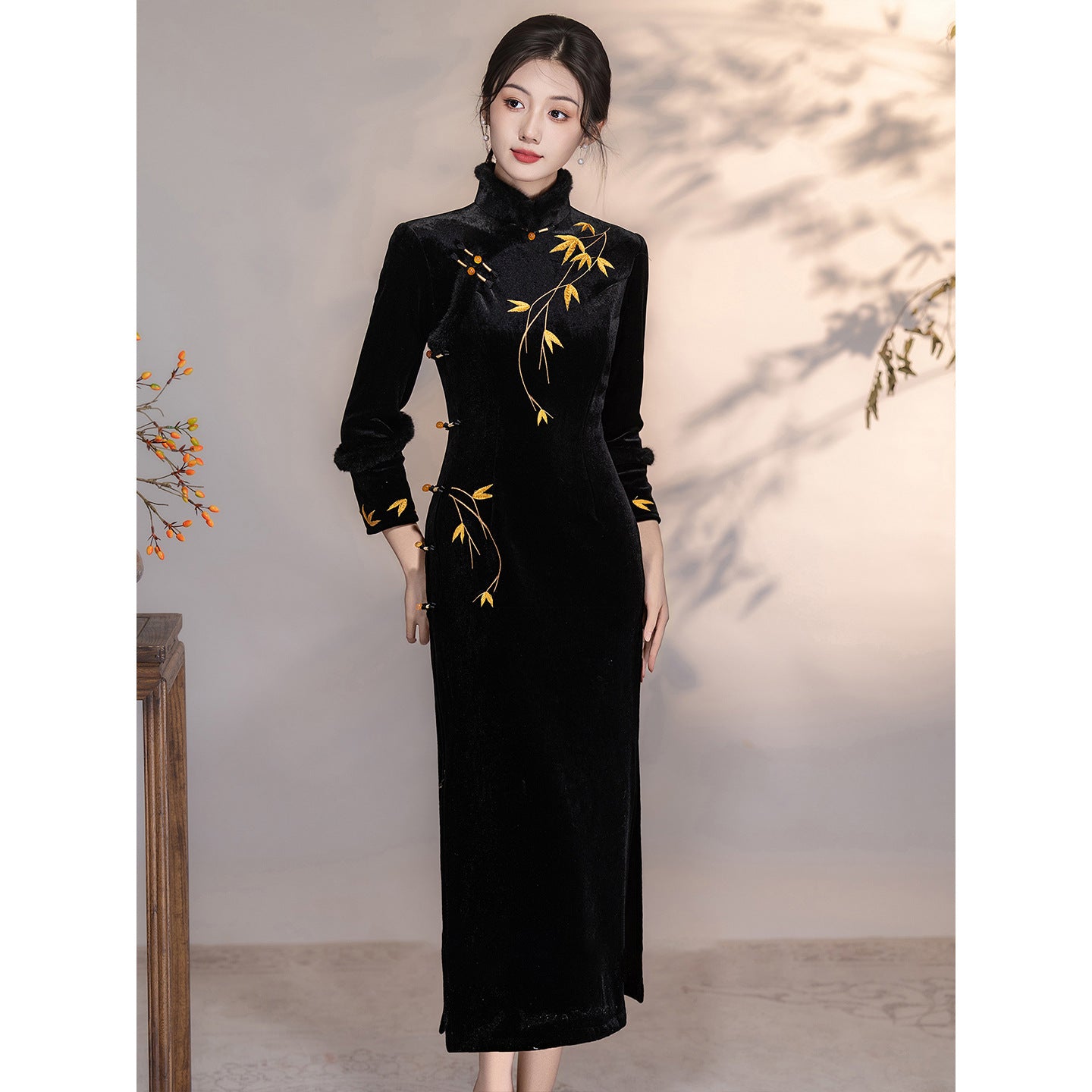 Women's Qipao Jinye 锦叶 Asian Thicken Dress Chinese Modern Hanfu Clothing Velvet Cheongsam Winter