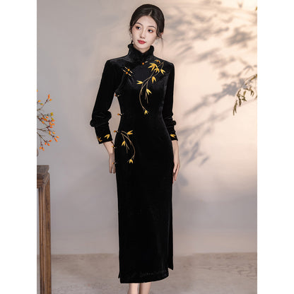 Women's Qipao Jinye 锦叶 Asian Thicken Dress Chinese Modern Hanfu Clothing Velvet Cheongsam Winter