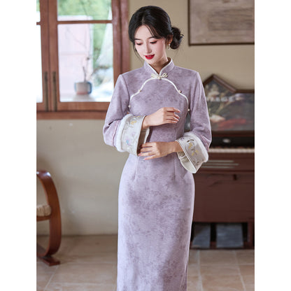 Women's Qipao Ziyan 紫颜 Asian Thicken Dress Chinese Modern Hanfu Clothing Velvet Cheongsam Winter
