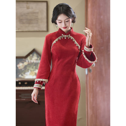 Women's Qipao Xiangling 香菱 Asian Thicken Dress Chinese Modern Hanfu Clothing Velvet Cheongsam Winter