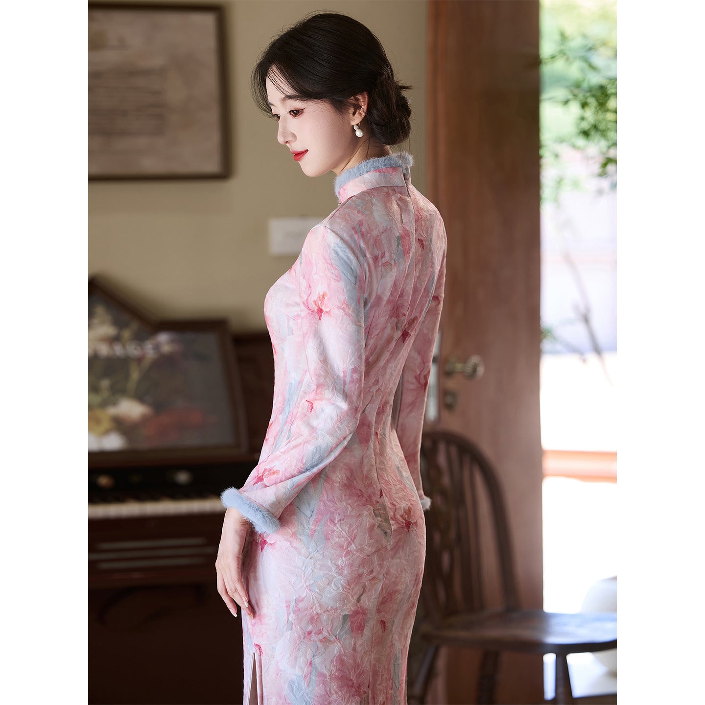 Women's Qipao Rose 玫瑰 Asian Thicken Dress Chinese Modern Hanfu Clothing Velvet Cheongsam Winter