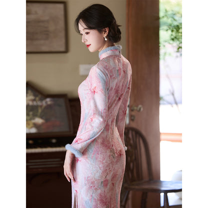 Women's Qipao Rose 玫瑰 Asian Thicken Dress Chinese Modern Hanfu Clothing Velvet Cheongsam Winter
